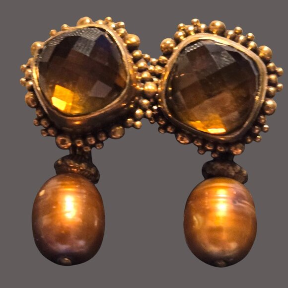 Stephen Dweck Pierced, Drop, Citrine/cultured Pearl 925 Bronze earrings - Picture 3 of 6